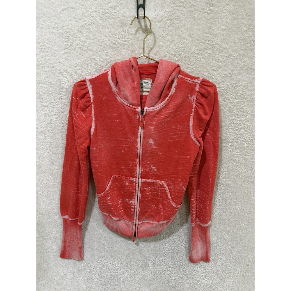 Vintage Free People Women's Small Full Zip Hoodie Sweatshirt Orange Burnout